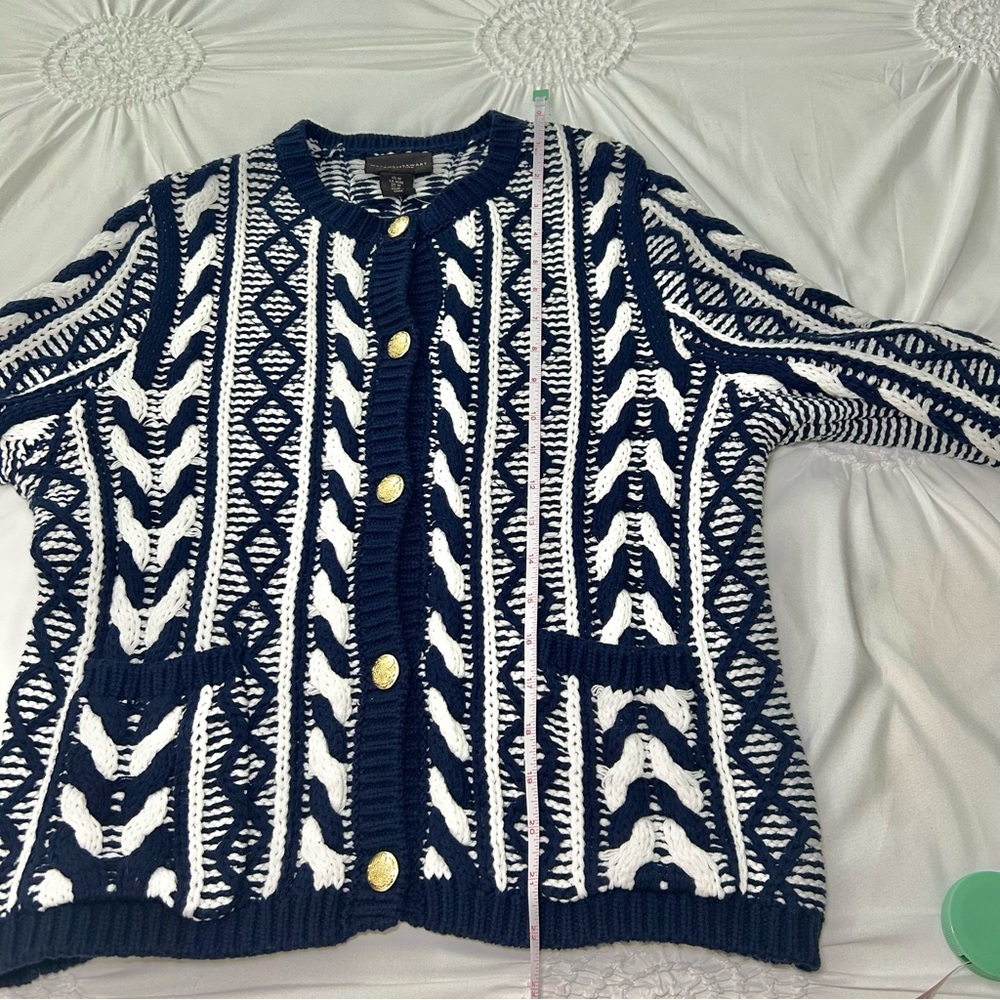 NWOT Martha Stewart Navy & White Preppy Gold Button Cardigan Sweater Size Medium - Picture 13 of 16